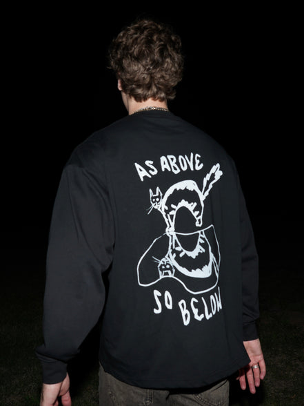 Model wearing black streetwear long sleeve back side KILOS clothing 