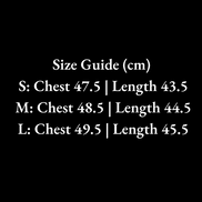 Size guide chart for clothing measurements in centimeters on a black background