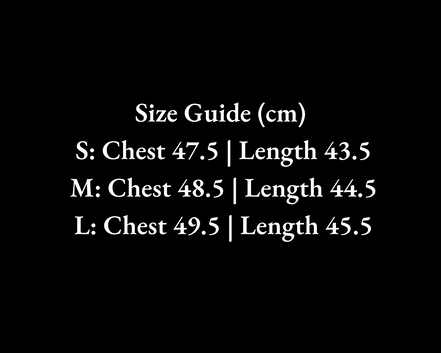 Size guide chart for clothing measurements in centimeters on a black background