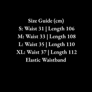 Size guide for clothing with waist and length measurements in centimeters on a black background.