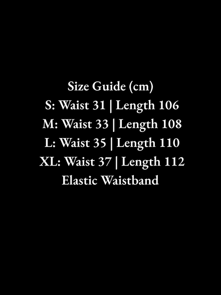 Size guide for clothing with waist and length measurements in centimeters on a black background.