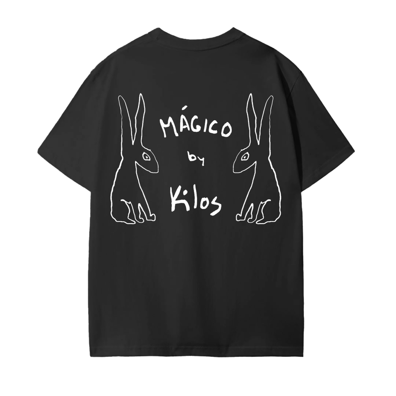 Black t-shirt with white rabbit illustrations and text on a white background