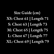 Size guide chart for clothing measurements in centimeters on a black background
