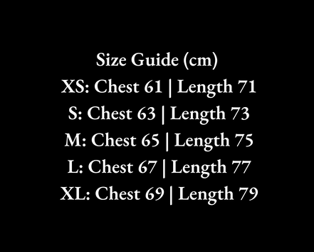 Size guide chart for clothing measurements in centimeters on a black background
