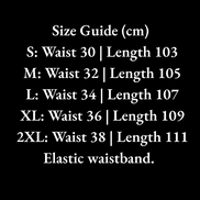 Size guide for clothing with waist and length measurements in centimeters on a black background.